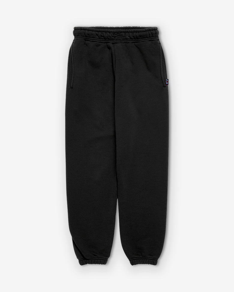 Slim-fit black terry trousers: flat front and side adjusters