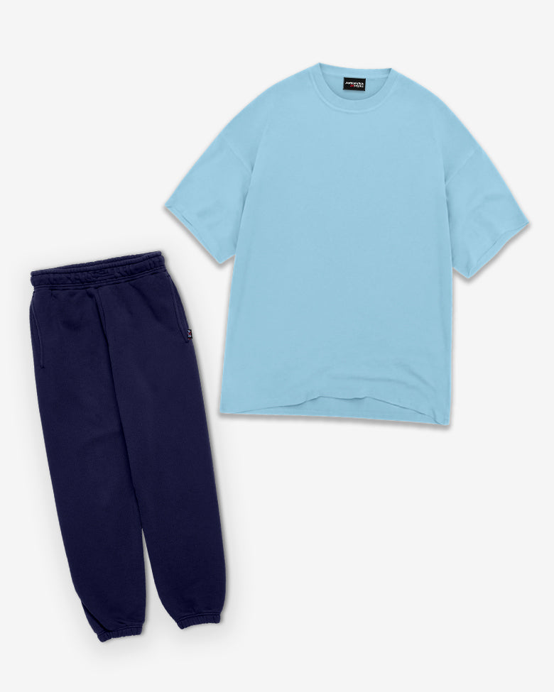Terry co-ord set: Blank blue oversize tee with matching navy blue trousers