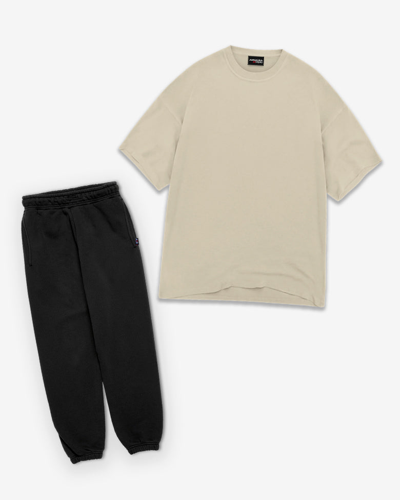 Terry co-ord set: Blank brown oversize tee with matching black trousers