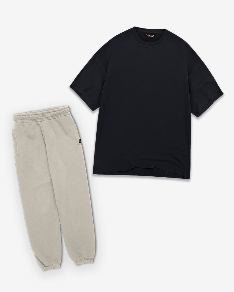 Terry co-ord set: Blank black oversize tee with matching beige trousers