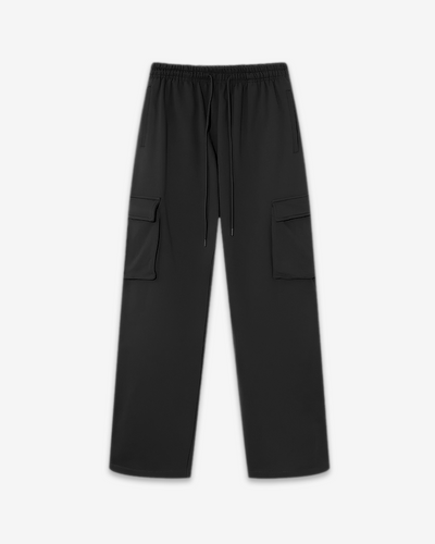 Front of Black terry cargo trousers with utility pockets and black drawstrings