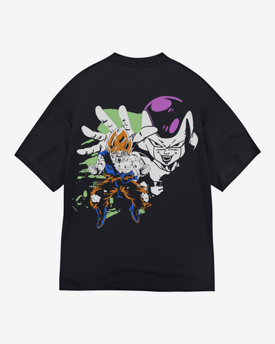Black t-shirt with colorful graphic design on a white background