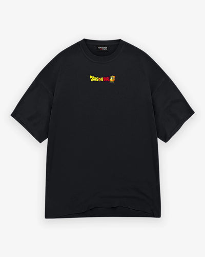 Black t-shirt with a small logo on a white background