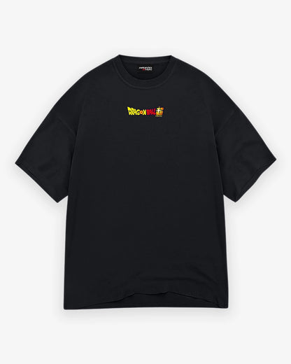Black t-shirt with a small logo on a white background