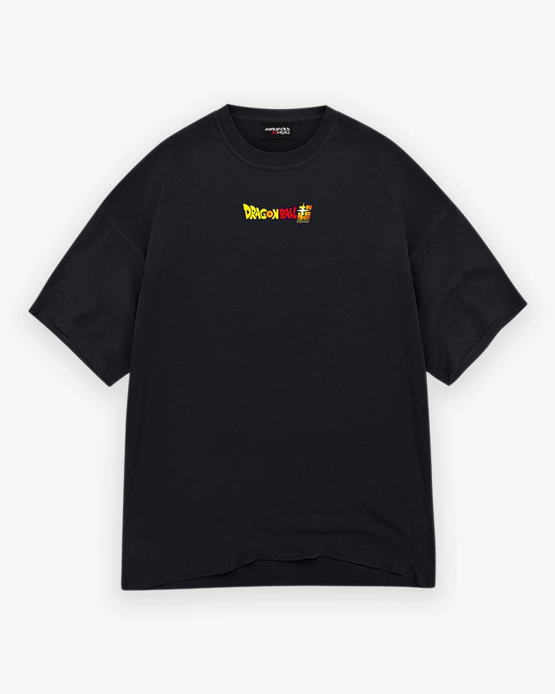 Black t-shirt with a small logo on a white background