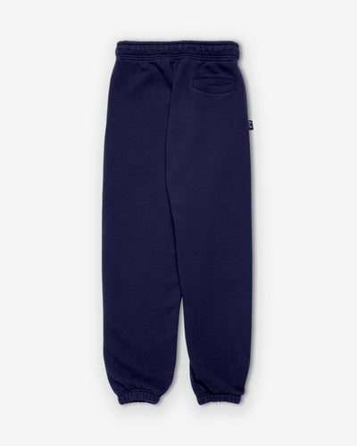 Back view: Contrast stitching detail on navy terry trousers
