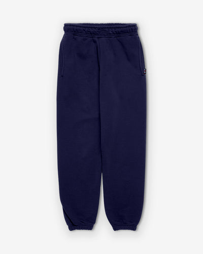 Navy terry trousers: structured front with hidden drawstrings
