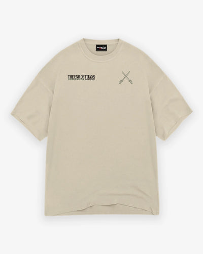 Beige t-shirt with text and graphic design on a white background