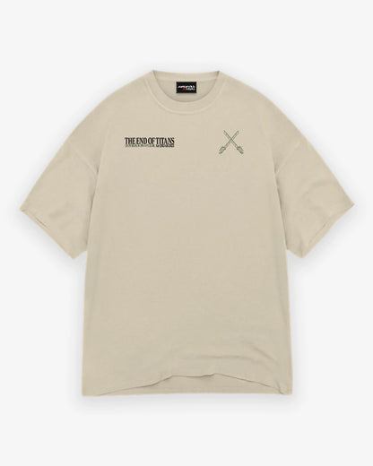Beige t-shirt with text and graphic design on a white background
