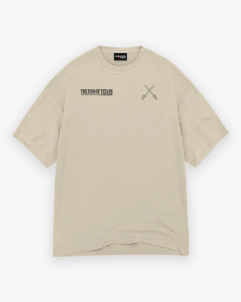 Beige t-shirt with text and graphic design on a white background