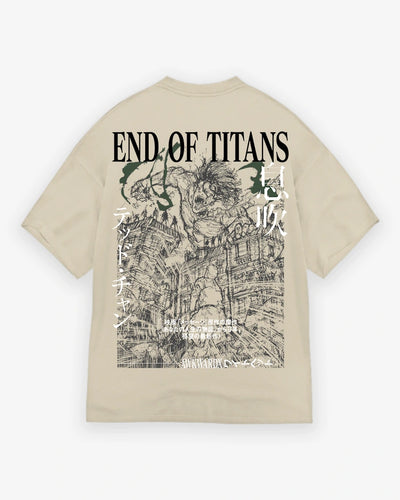Beige t-shirt with 'End of Titans' graphic design on a white background