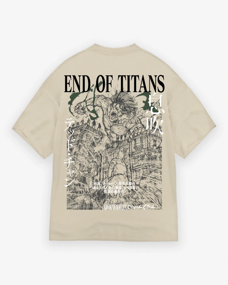 Beige t-shirt with 'End of Titans' graphic design on a white background