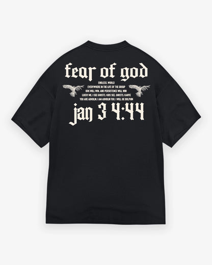 Black t-shirt with white text and design on a white background