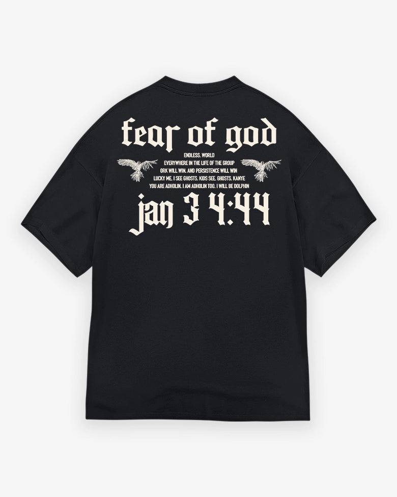 Black t-shirt with white text and design on a white background