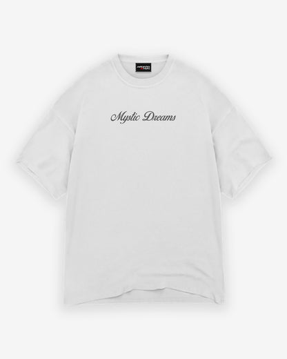 White t-shirt with 'Mythic Dreams' text on a white background