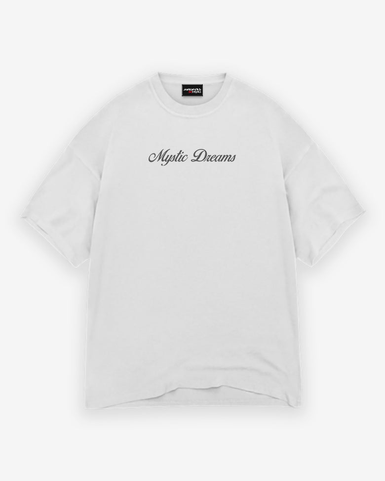 White t-shirt with 'Mythic Dreams' text on a white background