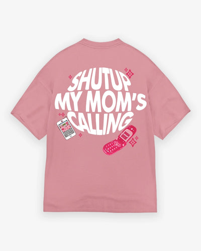 Pink t-shirt with white text and graphics on a white background