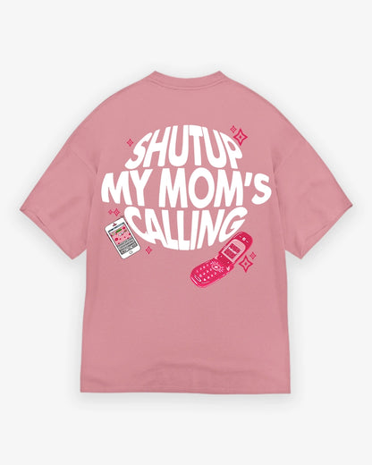 Pink t-shirt with white text and graphics on a white background
