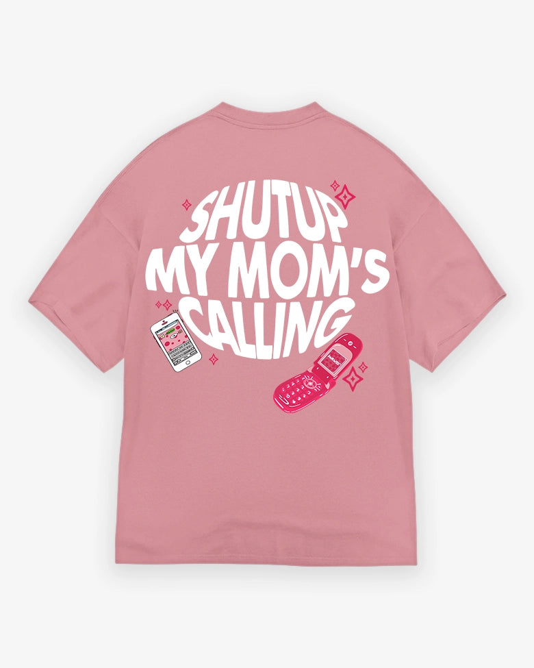 Pink t-shirt with white text and graphics on a white background