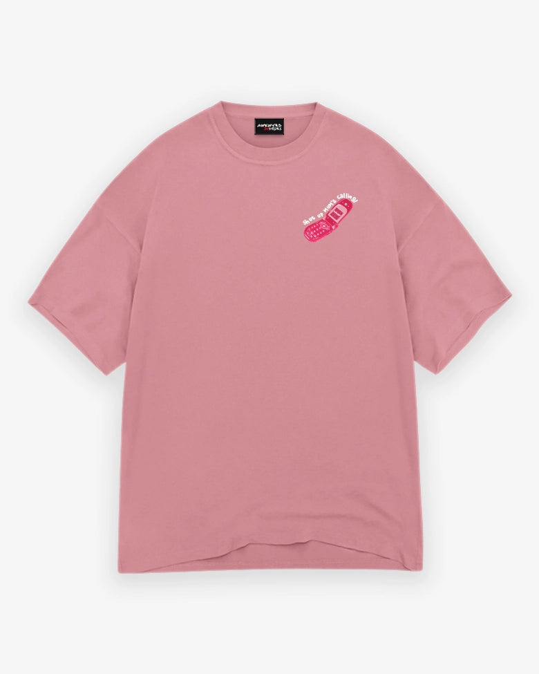 Pink t-shirt with a small graphic on a white background